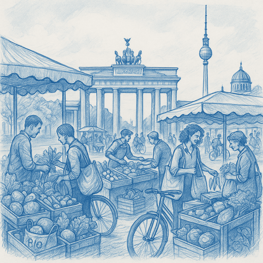 ein Blaustichbild einer Marktszene und das Brandenburger Tor in Berlin im Hintergrund