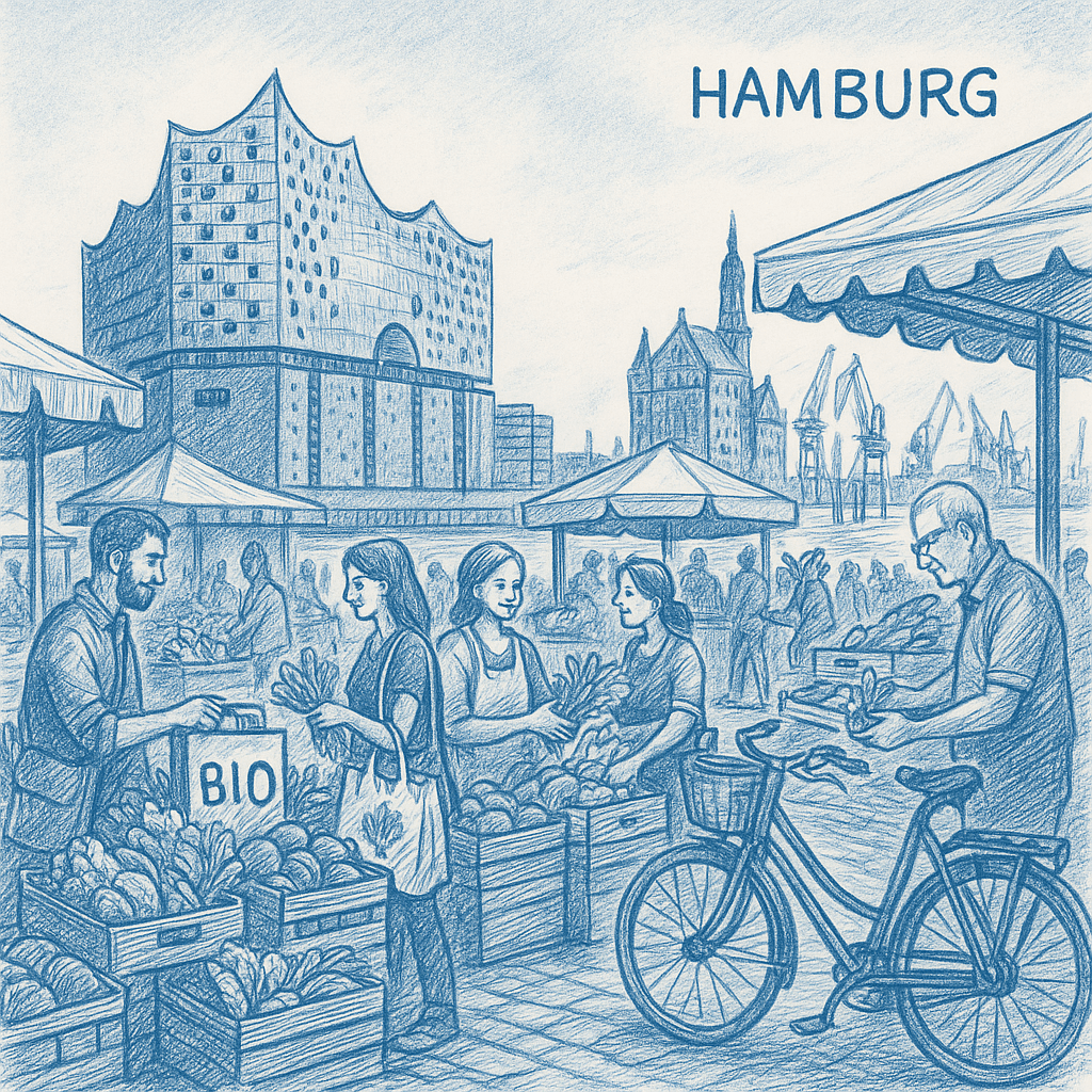 Stadt Hamburg Titelbild Elbphilharmonie und Marktszene